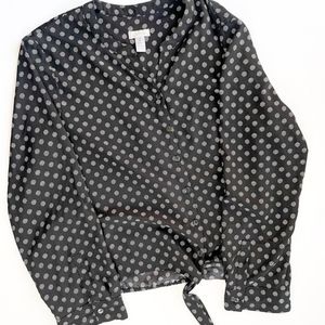 Chico's Black Polka-dot Roll Tab Tie Button Down Blouse Size 2 Large